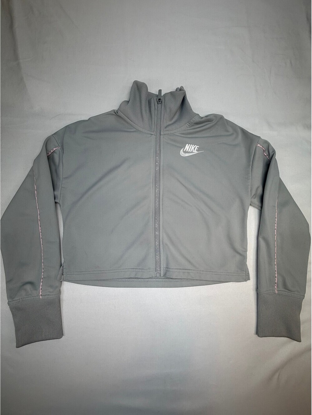 Nike Women's Track Jacket Cropped Full Zip High Collar Logo Size Large Grey